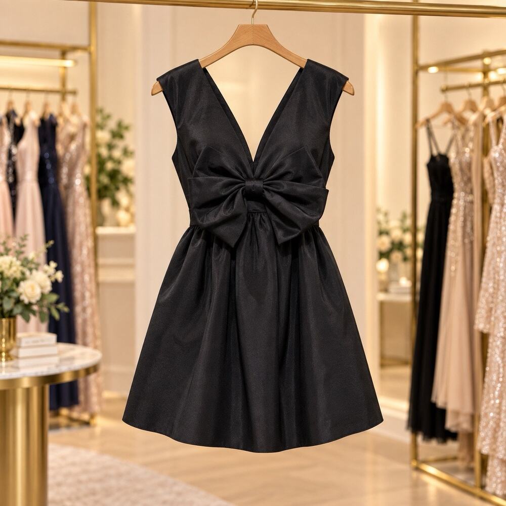 Adelyn Rae Elaine NWT Medium Black Taffeta Front Bow Mini Dress Cocktail Glam